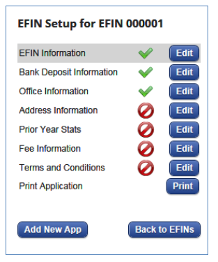 EFIN setup panel