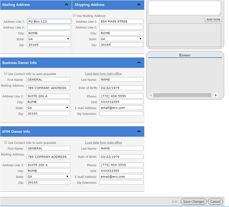 address business and EFIN info