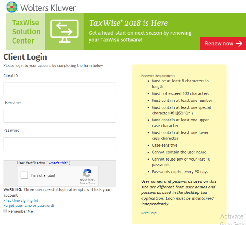 Taxwise login page