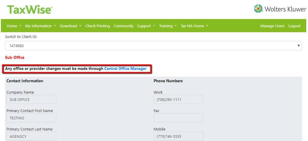 switch to client id Taxwise Select alternate offices